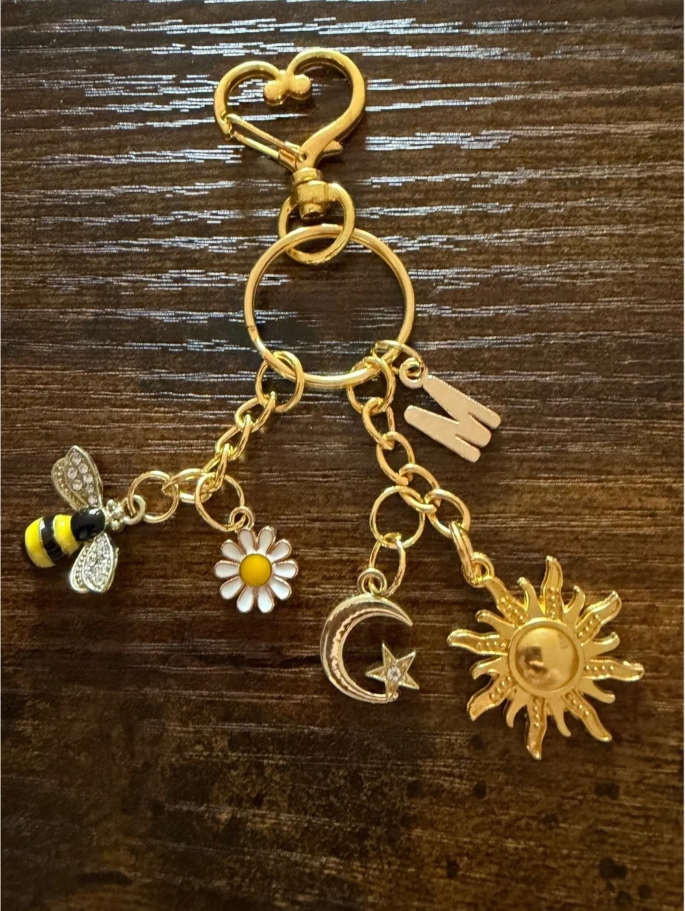 Gold Tone Charm Keychain with Bee, Daisy, Moon, Sun, and Letter M